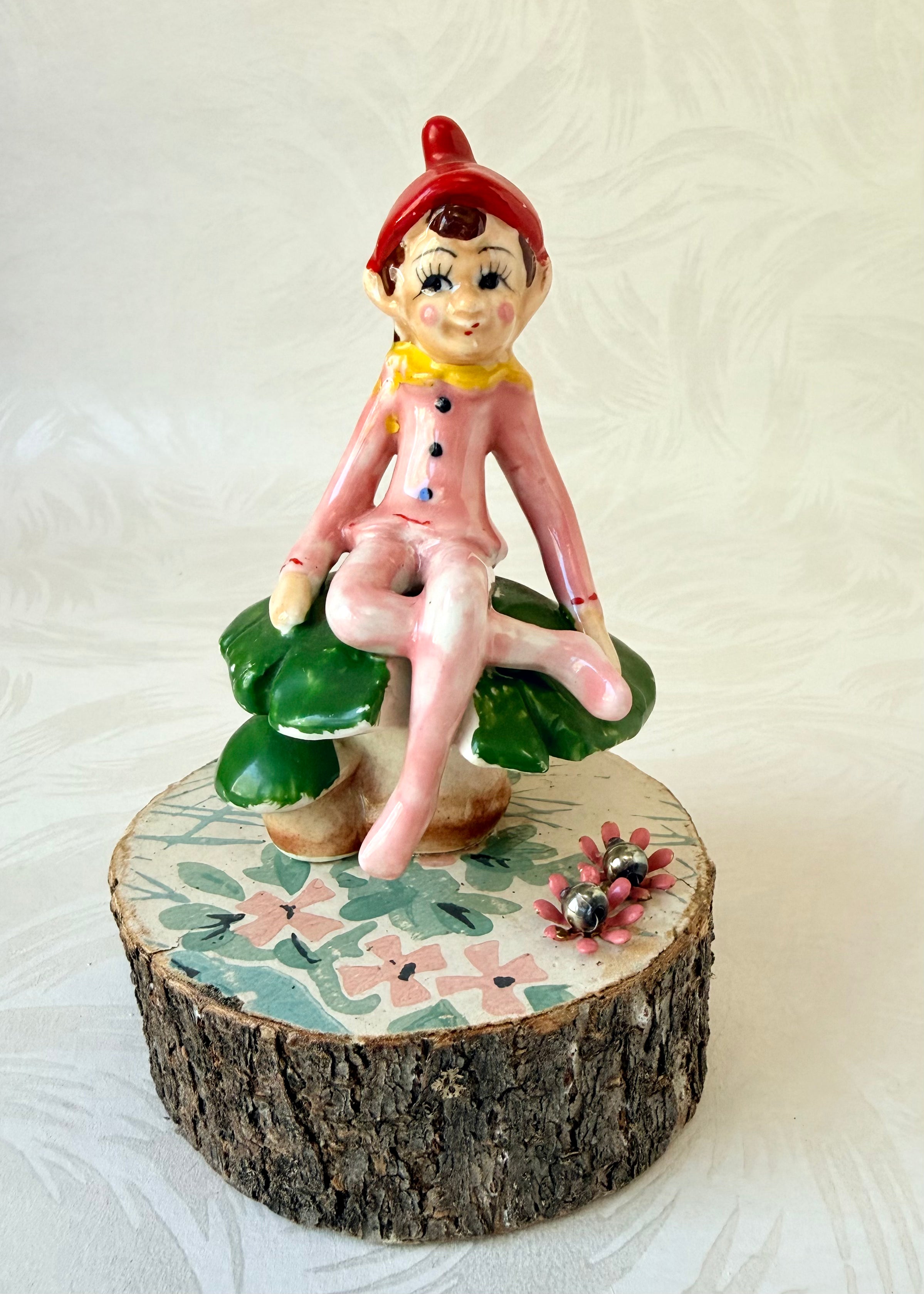 Teddy - Handcrafted Mid-Century Pixie & Vintage Wood Slice Art (The Guild Mascot)