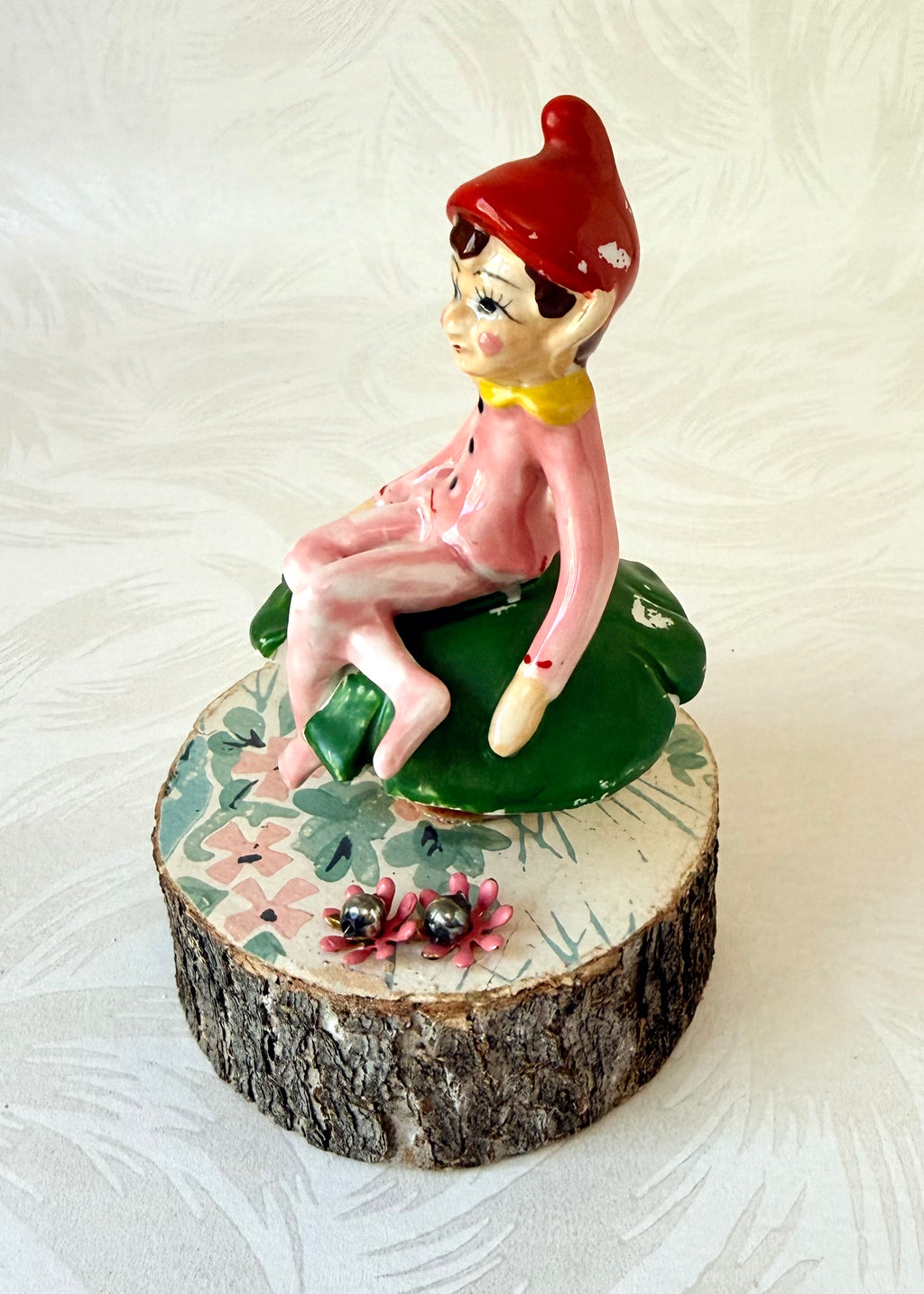 Teddy - Handcrafted Mid-Century Pixie & Vintage Wood Slice Art (The Guild Mascot)
