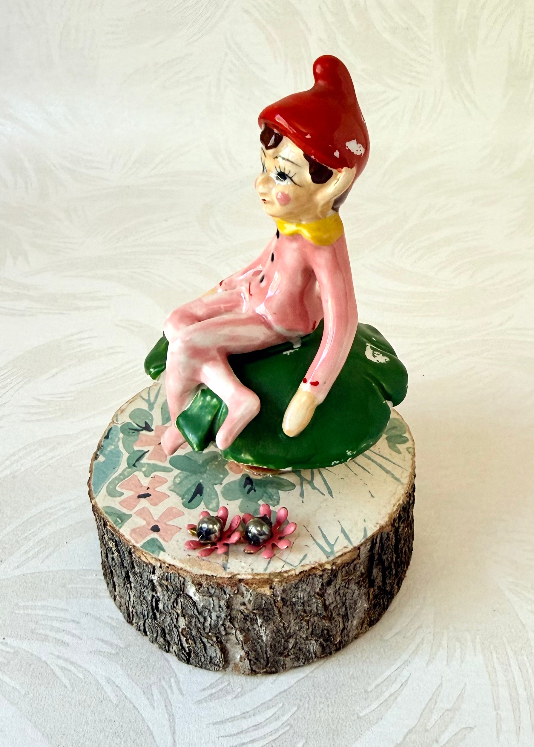 Teddy - Handcrafted Mid-Century Pixie & Vintage Wood Slice Art (The Guild Mascot)