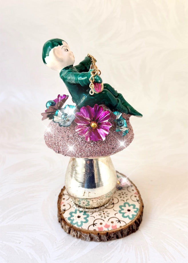 Jingle - Handcrafted Mid-Century Pixie & Glass Mushroom Art