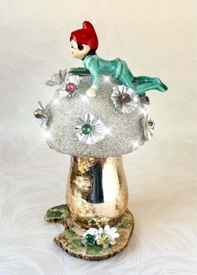 Pip - Handcrafted Mid-Century Pixie & Glass Mushroom Art