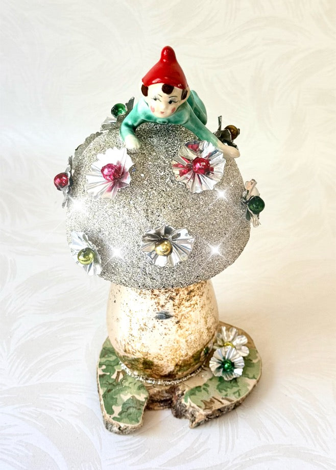 Pip - Handcrafted Mid-Century Pixie & Glass Mushroom Art